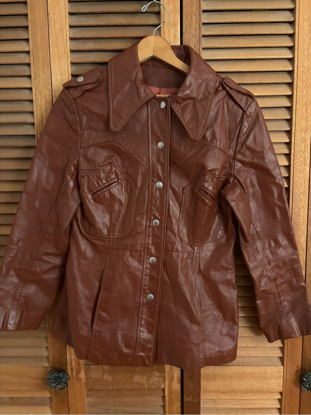 Source Unknown Women's Chestnut Brown Faux Leather Button-Front Jacket lined